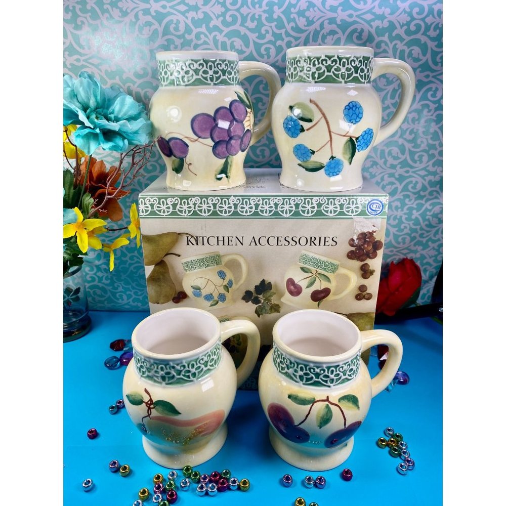 Alco Belaggio 4 mugs,‎ NEW, ceramic, mug set, 20 OZ, decorated w fruit/flowers